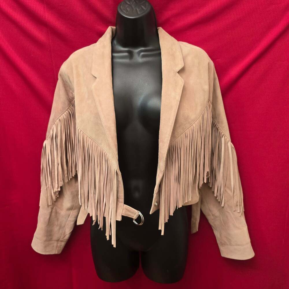 Topshop Genuine Leather Blush Pink Fringe Jacket UK 4 US 0 Boho Western